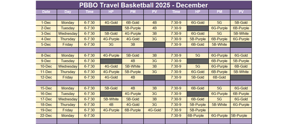 December Practice Schedule