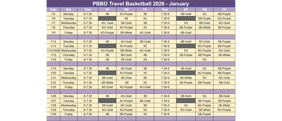 January Practice Schedule